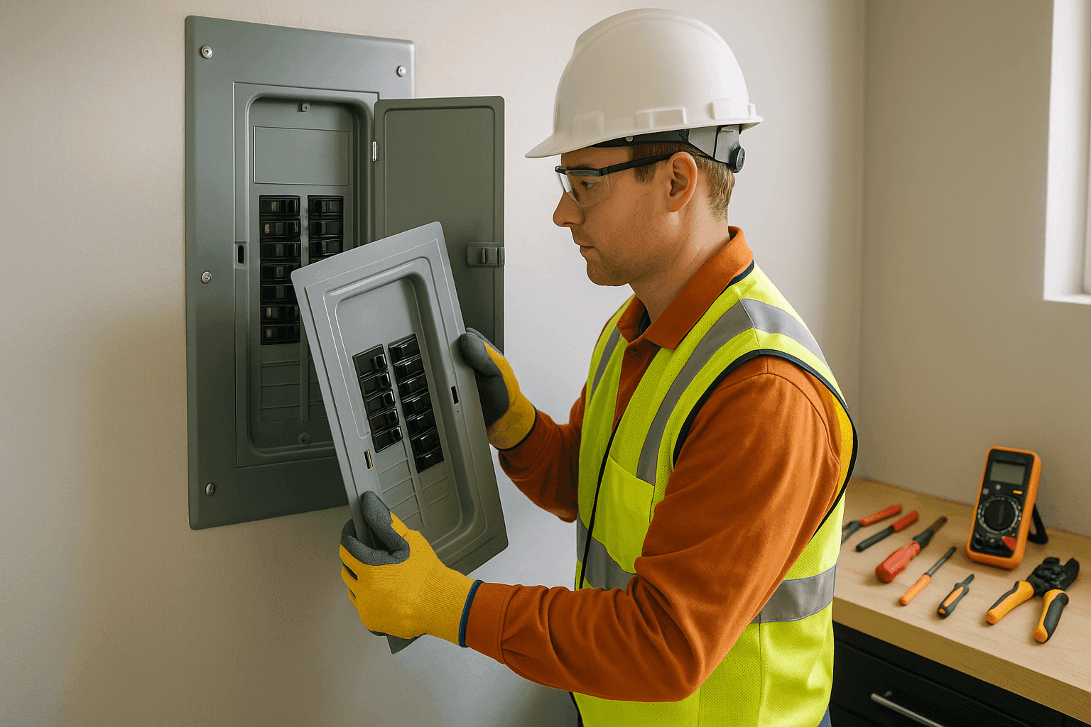 Electrician replacing old electrical breaker panel in utility room