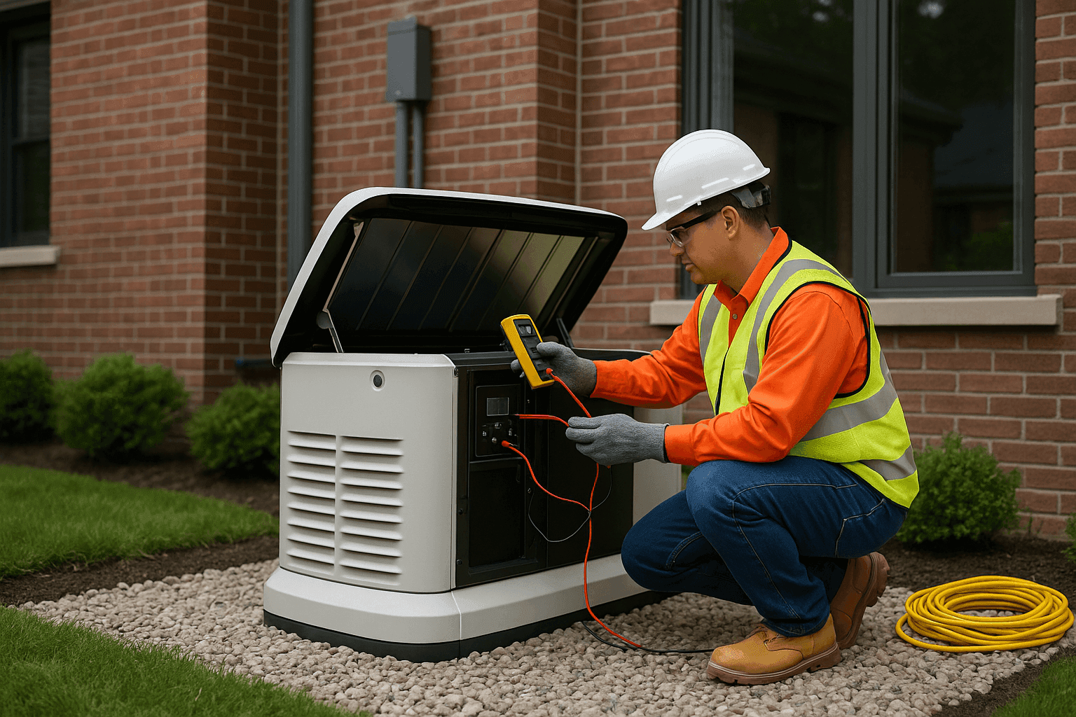 Electrician testing residential backup generator installation outdoors