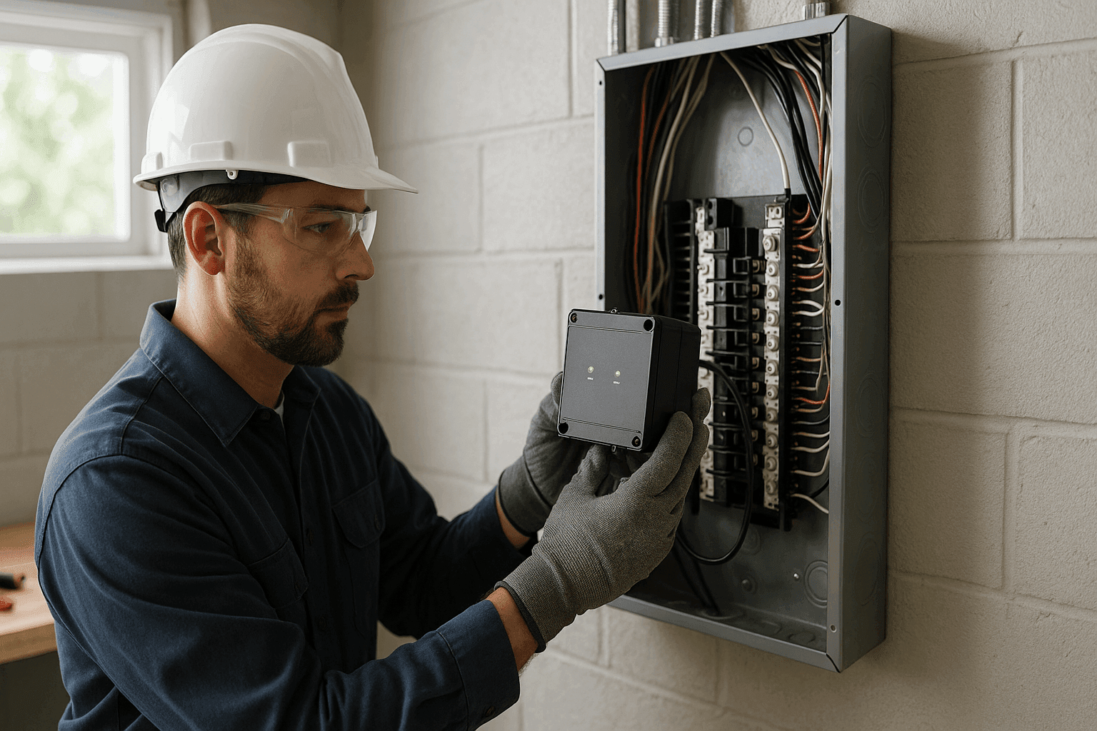 Electrician installing whole-house surge protector in basement electrical panel